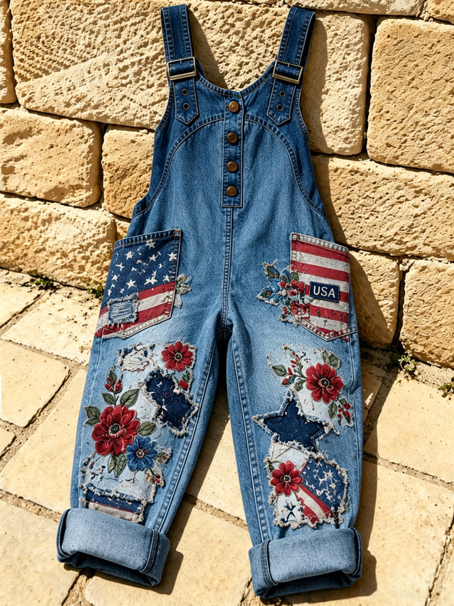 Women's Retro Style Print Washed Cotton Denim Patchwork Jumpsuit